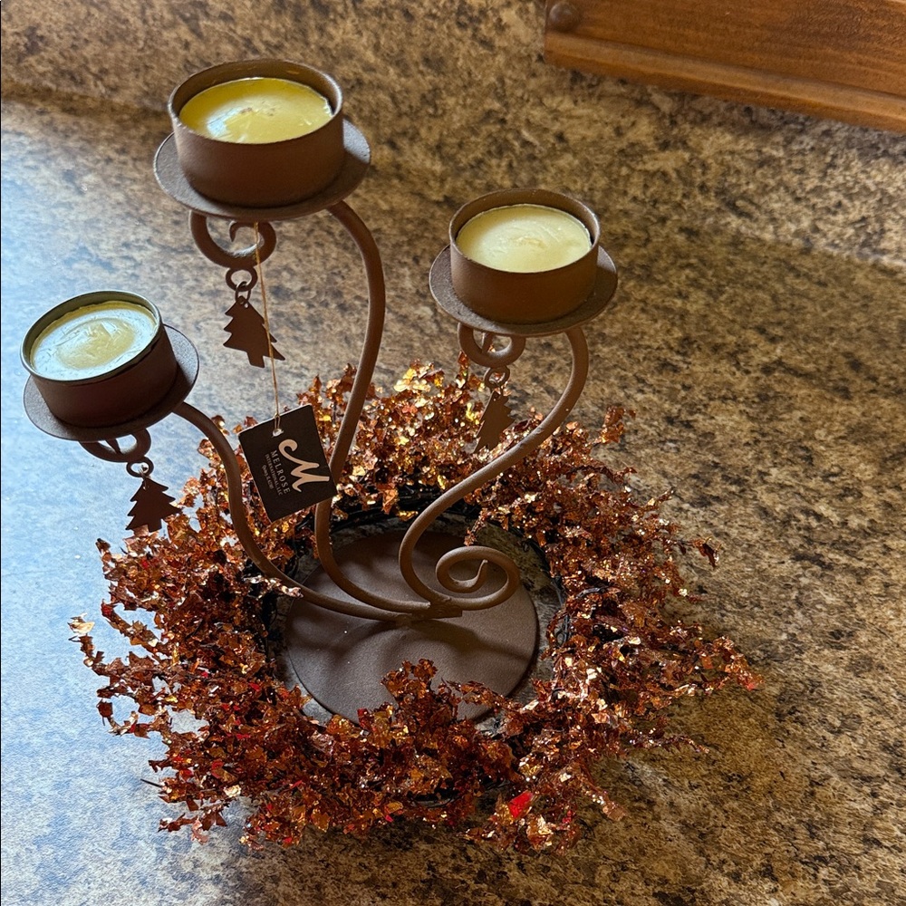 Elegant Brown Triple Candle Holder with Leaf Accents